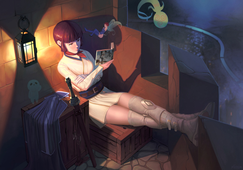 2girls against_wall belt book boots box brown_hair coat coat_removed crossed_arms gloves highres isabeau_(smt) lantern multiple_girls pixie_(megami_tensei) pliss_m reading scarf shin_megami_tensei shin_megami_tensei_iv short_hair single_glove skirt sword thigh_boots thighhighs weapon