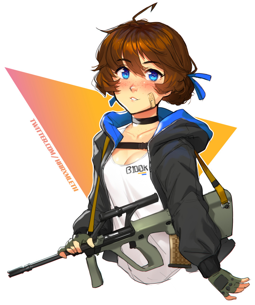 1girl absurdres ahoge assault_rifle bandaid bandaid_on_face bangs black_choker black_jacket blue_eyes blush breasts brooke_(mathias_leth) brown_hair bullpup choker cleavage collarbone cropped_torso english_commentary eyebrows_visible_through_hair eyes_visible_through_hair fingerless_gloves freckles gloves gun highres hood hood_down jacket mathias_leth milestone_celebration open_clothes open_jacket original parted_lips rifle shirt short_hair simple_background small_breasts solo steyr_aug weapon white_background white_shirt
