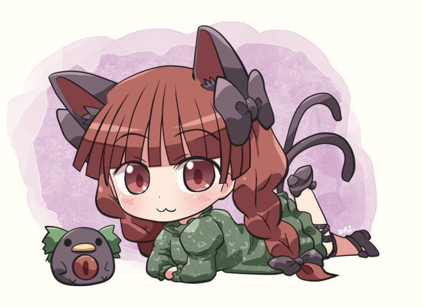 1girl :3 animal animal_ears bird black_footwear blush braid cat_ears cat_tail closed_mouth crow dress eyebrows_visible_through_hair full_body green_dress juliet_sleeves kaenbyou_rin long_hair long_sleeves multiple_tails puffy_sleeves red_eyes red_hair reiuji_utsuho reiuji_utsuho_(bird) rokugou_daisuke signature smile solo tail touhou twin_braids two_tails