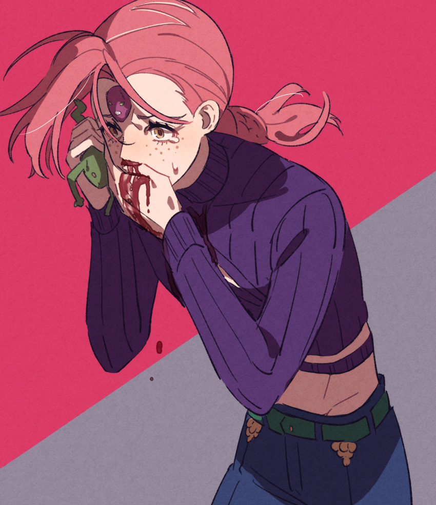 1boy animal blood blood_on_face blood_on_hands covering_mouth crop_top denim freckles frog fusion groin highres holding holding_animal jeans jojo_no_kimyou_na_bouken king_crimson_(stand) male_focus midriff nosebleed pants pink_hair ponytail ribbed_sweater solo son_(skvnmn0) stand_(jojo) sweater turtleneck vento_aureo vinegar_doppio yellow_eyes