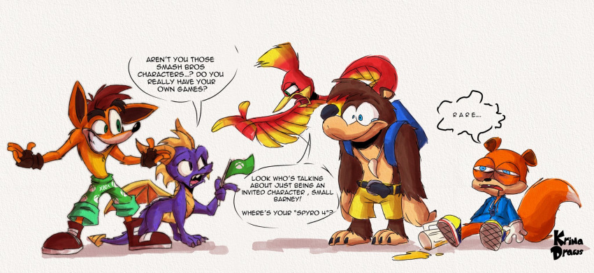 activision anthro avian backpack bandicoot banjo-kazooie banjo_(banjo-kazooie) beak belt bird black_nose blue_backpack blue_clothing blue_eyes blue_hoodie blue_topwear bodily_fluids bottomwear breegull brown_body brown_fur claws clothed clothing conker conker's_bad_fur_day crash_bandicoot crash_bandicoot_(series) crossover dialogue digital_media_(artwork) dragon drunk feathered_wings feathers female feral fingerless_gloves fingers flag footwear fur gloves green_bottomwear green_clothing green_eyes green_pants group hair handwear head_tuft hi_res hoodie horn kazooie krimadraws male mammal marsupial membrane_(anatomy) membranous_wings microsoft multicolored_body multicolored_fur narrowed_eyes open_mouth orange_body orange_fur pants purple_body purple_scales rareware red_body red_feathers rodent scales scalie sciurid shark_tooth_necklace shoes simple_background smile speech_bubble spyro spyro_the_dragon substance_intoxication tears teeth text tongue topwear tree_squirrel tuft two_tone_body two_tone_fur ursid video_games western_dragon wings xbox xbox_game_studios yellow_bottomwear yellow_clothing yellow_pants