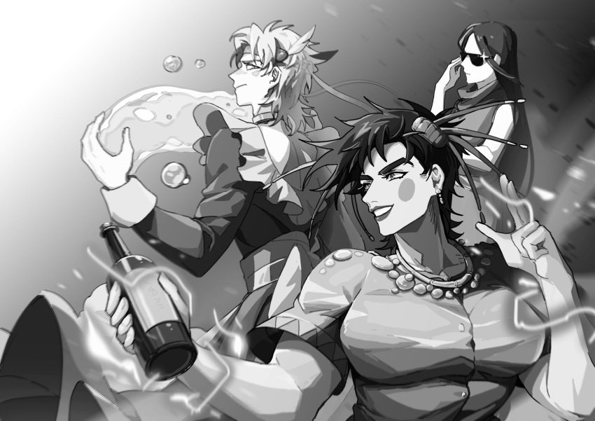 1girl 2boys absurdres alternate_costume battle_tendency bottle caesar_anthonio_zeppeli crossdressing electricity enmaided facial_mark feather_hair_ornament feathers greyscale hair_ornament headband highres hydrokinesis jewelry jojo_no_kimyou_na_bouken joseph_joestar joseph_joestar_(tequila) joseph_joestar_(young) lipstick lisa_lisa maid makeup monochrome multiple_boys necklace pickieeeee sparkle sunglasses tequila water