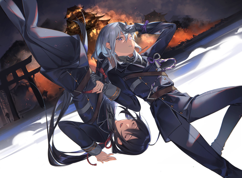 2boys absurdres ahoge bangs black_hair building closed_eyes commentary_request embers feet_out_of_frame fire gloves grey_gloves hair_between_eyes highres holding_hands honebami_toushirou long_hair looking_at_viewer male_focus military military_uniform multiple_boys namazuo_toushirou nay_akane night open_mouth parted_lips purple_eyes silver_hair smoke touken_ranbu uniform upside-down