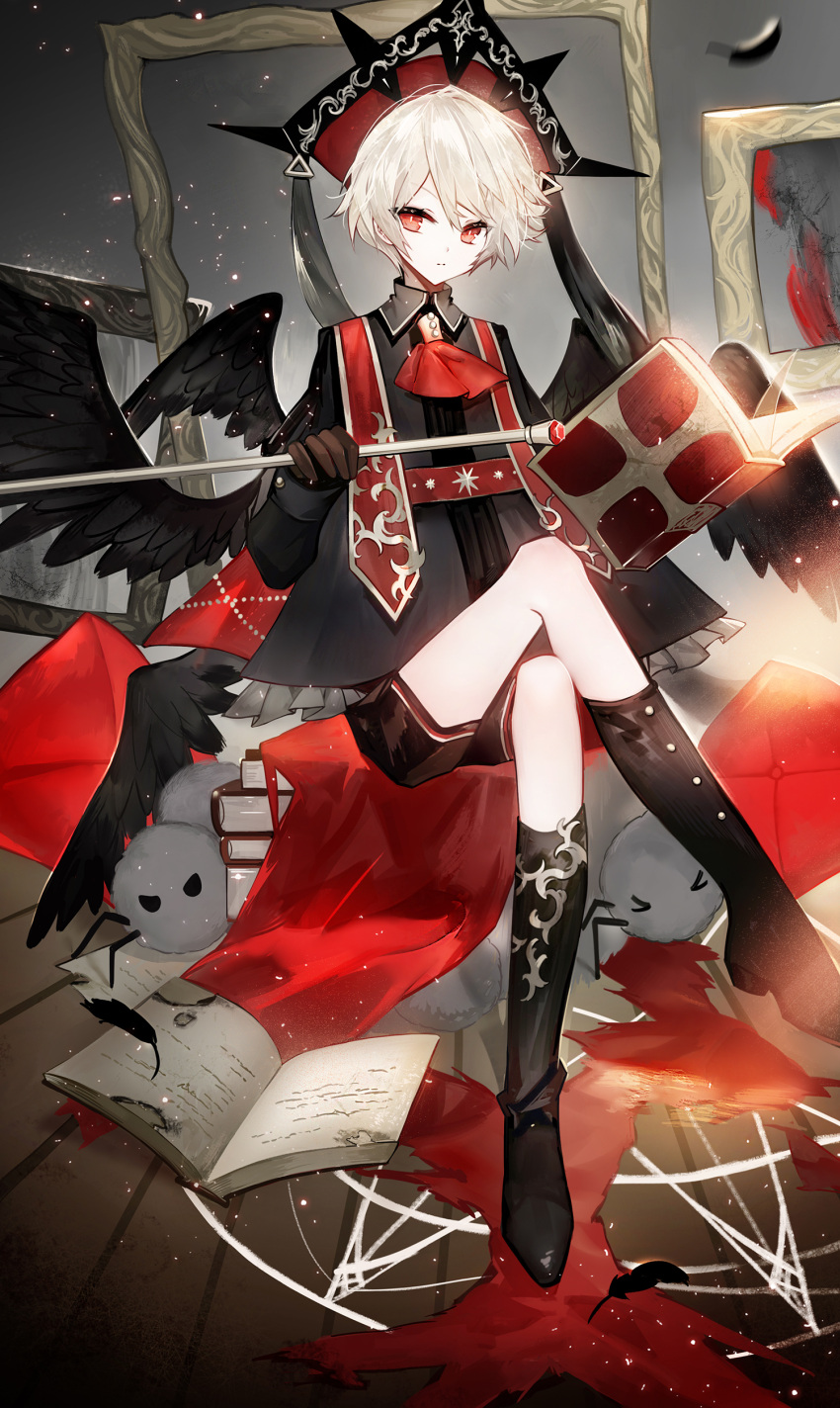 1boy absurdres bishounen black_wings book book_stack boots cane closed_mouth crossed_legs crown feathered_wings feathers floating floating_book floating_object full_body gloves highres holding juexing_(moemoe3345) knee_boots long_sleeves looking_at_viewer multiple_wings open_book original painting_(object) pale_skin picture_(object) picture_frame red_eyes sitting throne white_hair wings