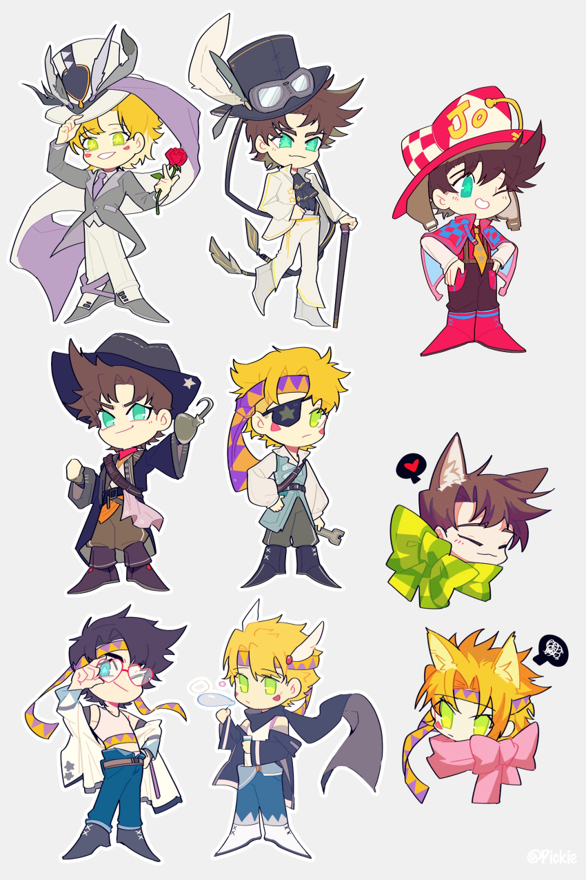 :3 absurdres alternate_costume animal_ears ascot bandana battle_tendency black_eyepatch blonde_hair blue_eyes boots bow bubble_blowing caesar_anthonio_zeppeli cane cat_ears chibi costume_chart denim eyepatch flower formal goggles goggles_on_headwear green_eyes green_scarf hat headband heart heart-shaped_eyewear highres hook_hand jeans jojo_no_kimyou_na_bouken joseph_joestar joseph_joestar_(young) kemonomimi_mode multicolored_clothes multicolored_scarf necktie off_shoulder one_eye_closed padded_coat padded_hat pants pickieeeee pirate pirate_hat rose scarf scarf_bow spoken_heart striped striped_scarf suit suspenders top_hat triangle_print tuxedo vertical-striped_scarf vertical_stripes wrench yellow_scarf