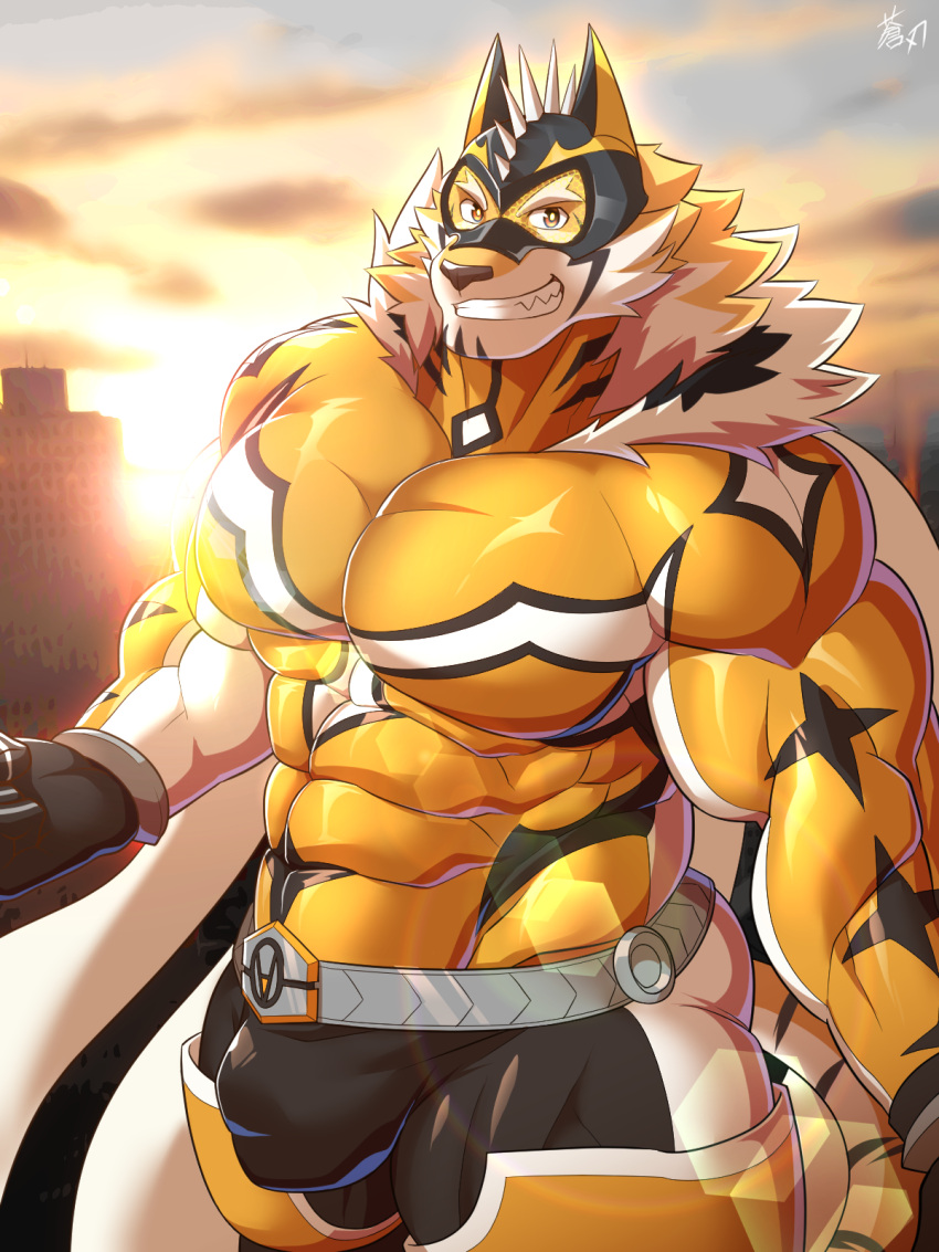 1boy abs animal_ears bara beige_fur bulge covered_abs facial_hair furry furry_male goatee highres keijimohumohu large_bulge large_pectorals live_a_hero looking_at_viewer male_focus mask muscular muscular_male nipples orange_fur pectorals ryekie_(live_a_hero) sharp_teeth smile solo stomach sunrise teeth thick_thighs thighs tiger_boy tiger_ears two-tone_fur
