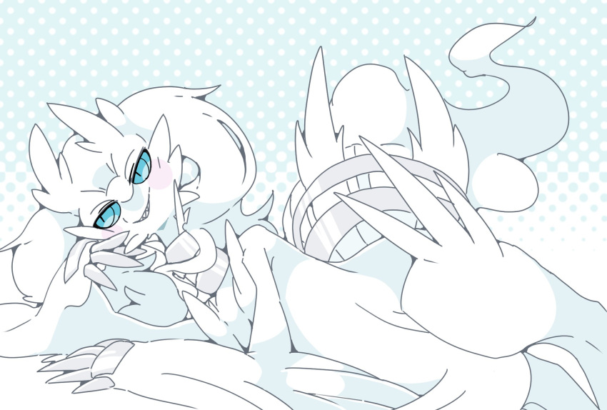 2022 ambiguous_gender anthro blue_eyes blush claws dragon hi_res legendary_pok&eacute;mon nintendo pok&eacute;mon pok&eacute;mon_(species) reclining reshiram simple_background smile solo video_games white_body winte