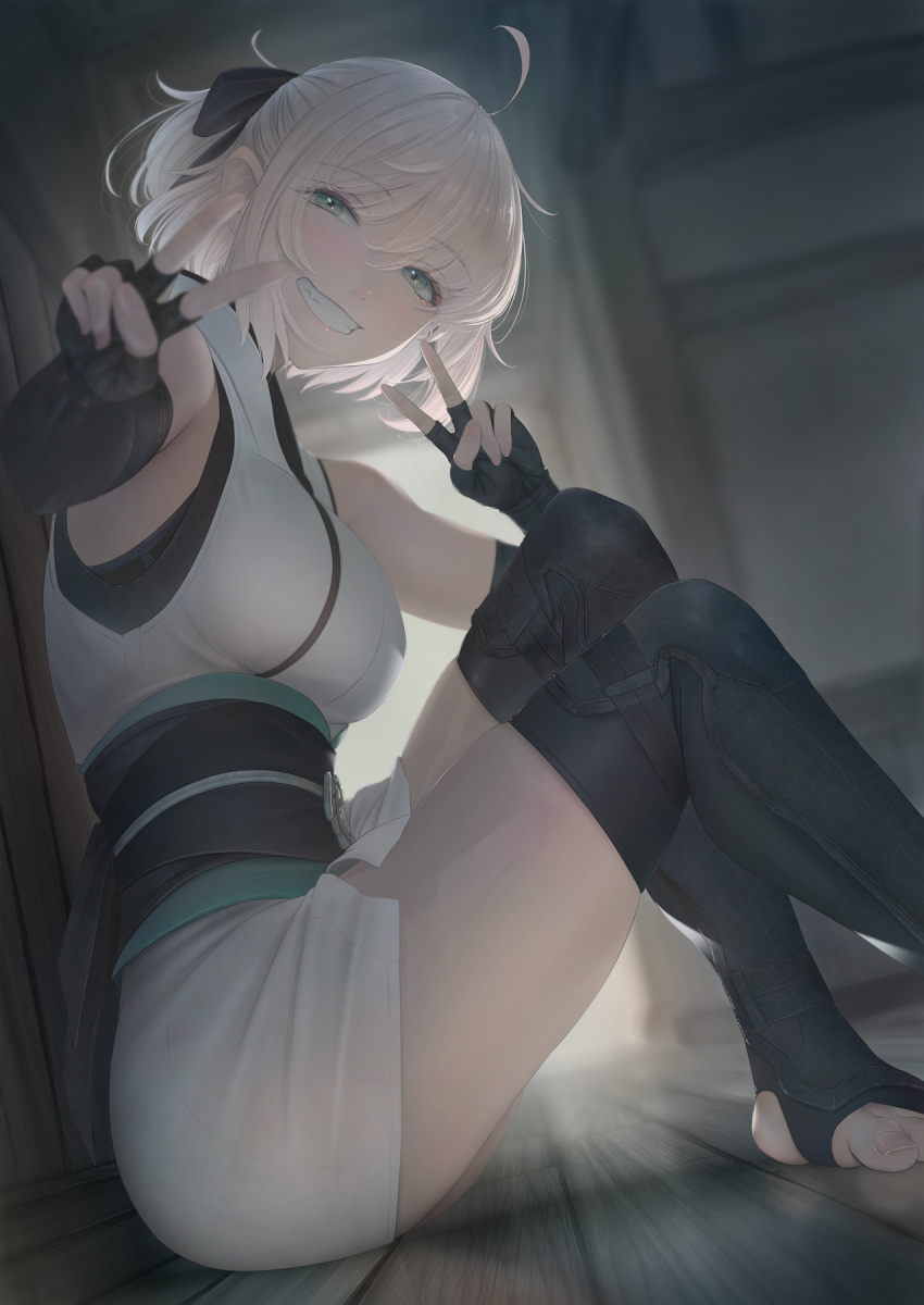 1girl against_wall ahoge black_ribbon blonde_hair blush breasts double_v fate/grand_order fate_(series) fingerless_gloves gloves grey_eyes highres imizu_(nitro_unknown) indoors japanese_clothes kimono kimono_skirt knees_to_chest looking_at_viewer medium_breasts okita_souji_(fate) ponytail reflection ribbon sleeveless sleeveless_kimono smile solo stirrup_legwear thighhighs thighs toeless_legwear v wooden_floor