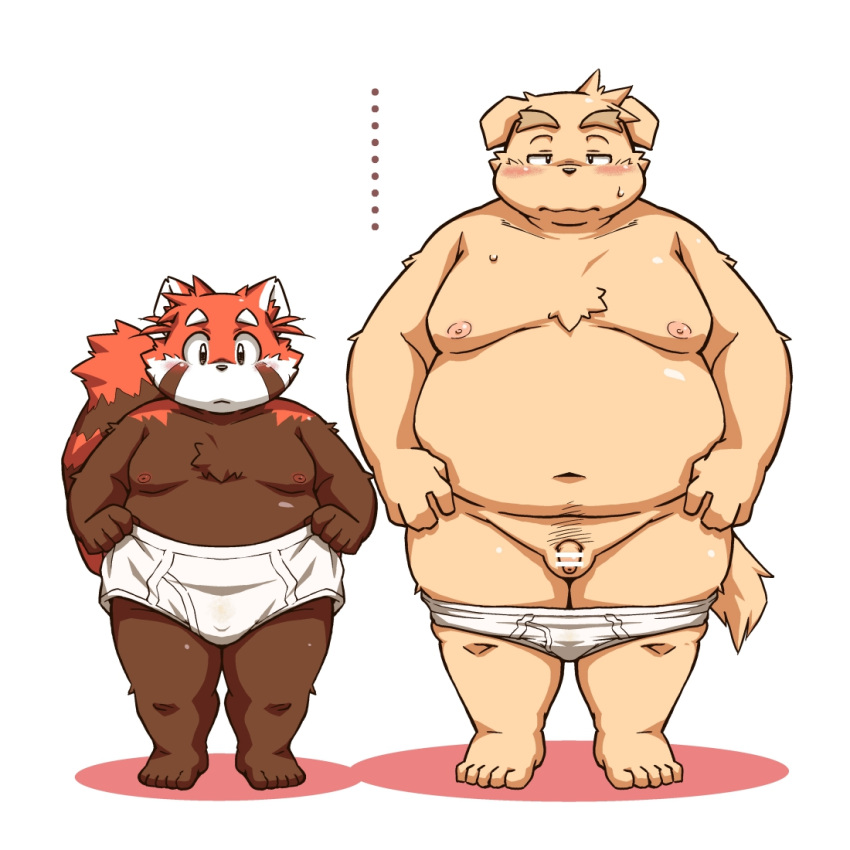 ... 2022 ailurid anthro balls belly blush brown_body bulge canid canine canis censored clothing domestic_dog duo flaccid futaba_kotobuki genitals humanoid_genitalia humanoid_hands humanoid_penis kemono male male/male mammal moobs namihira_kousuke nipples overweight overweight_male penis red_body red_panda size_difference takagi_kyou trouble_(series) underwear young