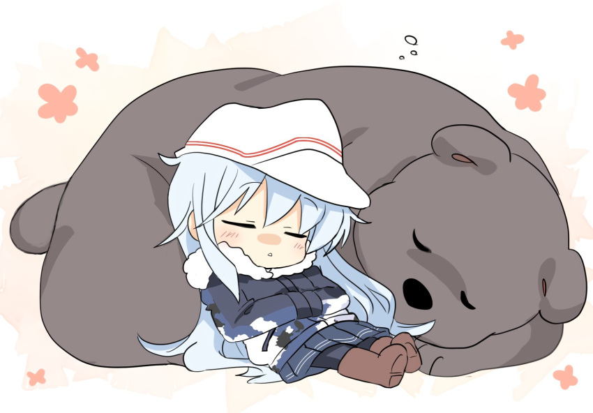 1girl bear black_legwear blue_skirt boots brown_footwear camouflage closed_eyes commentary_request hands_on_own_chest hibiki_(kancolle) highres hizuki_yayoi jacket kantai_collection long_hair pantyhose pleated_skirt silver_hair sitting skirt sleeping verniy_(kancolle) white_headwear