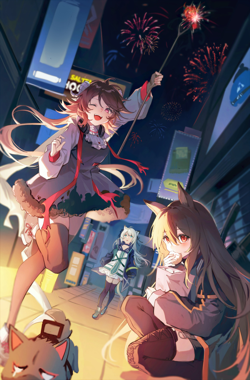 3girls ;d absurdres animal animal_ears arknights bag baozi black_hair black_jacket black_legwear blue_eyes blush boots brown_hair burnt_clothes cat_ears cat_girl cat_tail ceobe_(arknights) dog dog_ears dress ear_protection eating eyjafjalla_(arknights) fireworks food frilled_shirt_collar frills hair_between_eyes highres holding holding_food holding_staff horns jacket knee_boots layered_dress leg_up long_hair long_sleeves looking_at_viewer mint_(arknights) multiple_girls night night_sky one_eye_closed open_clothes open_mouth open_shirt outdoors purple_dress red_eyes road sheep_ears sheep_girl sheep_horns silver_hair sky smile squatting staff standing standing_on_one_leg storefront street tail thighhighs very_long_hair weapon weapon_on_back white_dress white_footwear yunweishukuang zettai_ryouiki
