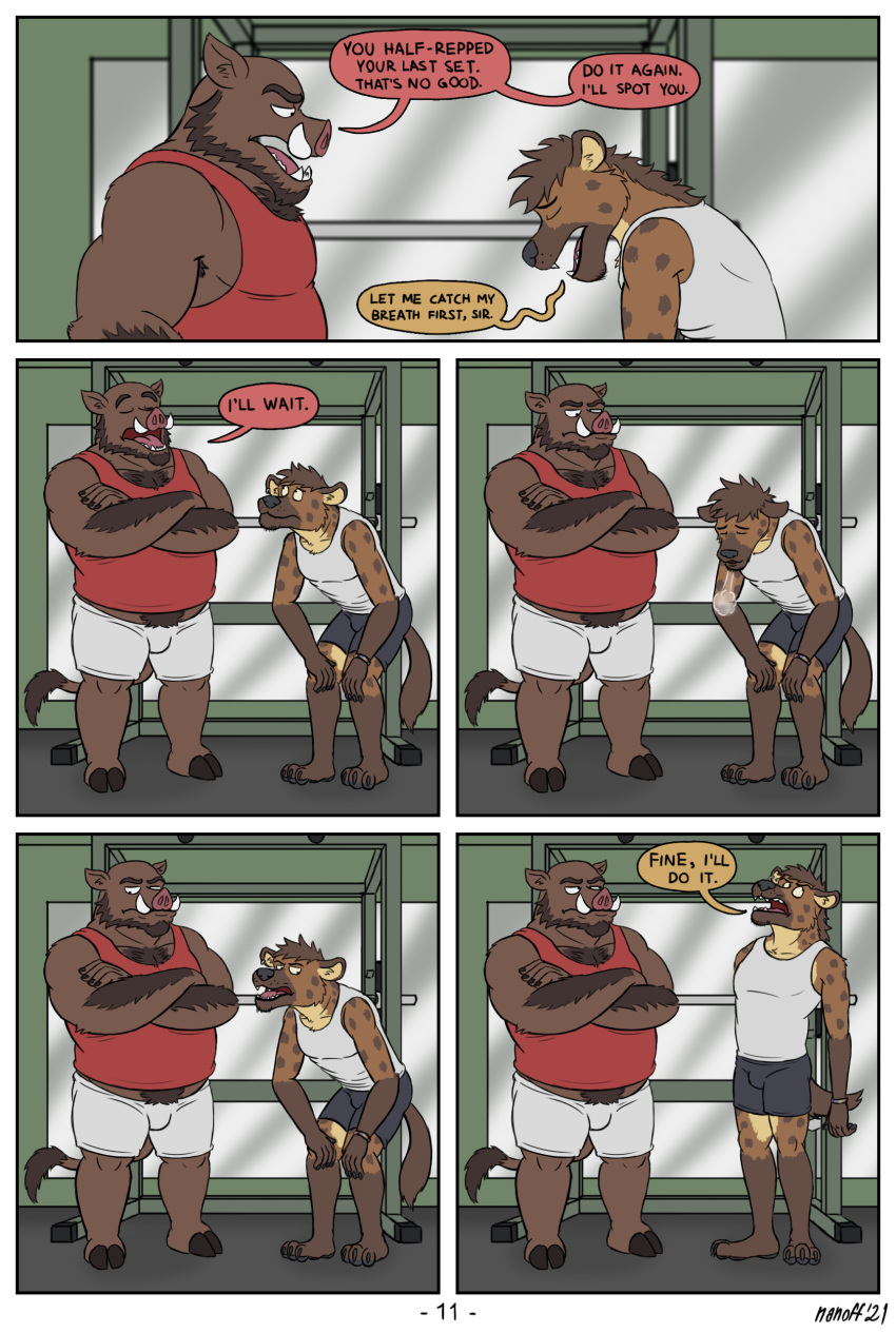 absurd_res anthro bottomwear breath clothing comic crossed_arms duo gym gym_clothing hi_res hyaenid male mammal musclegut muscular muscular_male nanoff panting shirt shorts spotted_hyena squat_rack standing suarez_(nanoff) suid suina sus_(pig) tank_top topwear walter_(nanoff) wild_boar