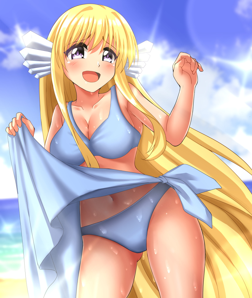 1girl absurdres beach bikini blonde_hair blue_eyes blue_sky breasts clothes_lift cloud collarbone commentary_request commission cowboy_shot day head_fins highres large_breasts long_hair looking_at_viewer maria_(mermaid_melody_pichi_pichi_pitch) mermaid_melody_pichi_pichi_pitch open_mouth outdoors sarong sky smile solo swimsuit underwear white_bikini zanntetu