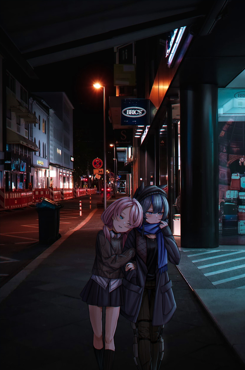 2girls absurdres alternate_costume arknights arm_hug bangs blue_eyes blue_hair blue_jacket blue_poison_(arknights) blush cardigan casual choker closed_mouth commentary glaucus_(arknights) hand_in_pocket highres jacket jewelry lamppost leaning_on_person leg_brace lobsteranian long_sleeves looking_to_the_side low_twintails miniskirt multicolored_hair multiple_girls necklace night one_eye_closed open_clothes open_jacket pants parted_lips photo_background pink_hair ribbed_sweater road road_sign scarf sign skirt streaked_hair street sweater twintails yuri