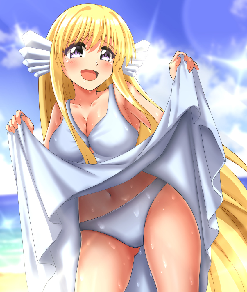 1girl absurdres beach blonde_hair blue_eyes blue_sky breasts clothes_lift cloud collarbone commentary_request commission cowboy_shot day dress dress_lift head_fins highres large_breasts long_hair looking_at_viewer maria_(mermaid_melody_pichi_pichi_pitch) mermaid_melody_pichi_pichi_pitch open_mouth outdoors panties sky smile solo underwear white_dress white_panties zanntetu