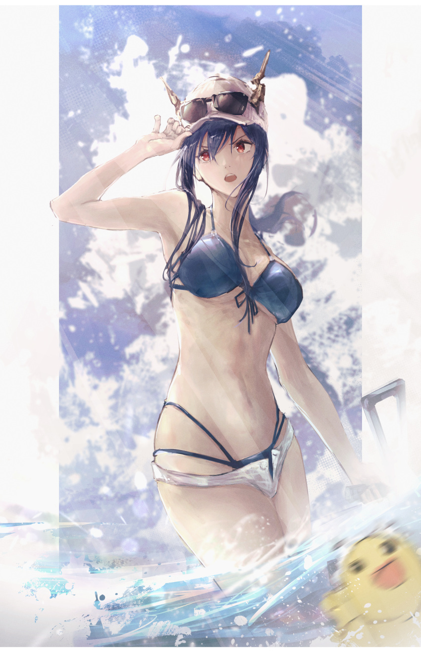 1girl absurdres arknights arm_up armpits bangs bare_shoulders baseball_cap bikini black_bikini blue_sky border breasts ch'en_(arknights) ch'en_the_holungday_(arknights) cleavage cloud collarbone cowboy_shot day eyebrows_visible_through_hair fuyukono gun hand_on_headwear hat highres holding holding_gun holding_weapon horns horns_through_headwear large_breasts light_rays long_hair looking_away looking_to_the_side navel open_mouth outdoors outside_border ponytail red_eyes rubber_duck short_shorts shorts sidelocks sky solo stomach sunbeam sunlight swimsuit v-shaped_eyebrows wading water weapon white_border white_headwear white_shorts