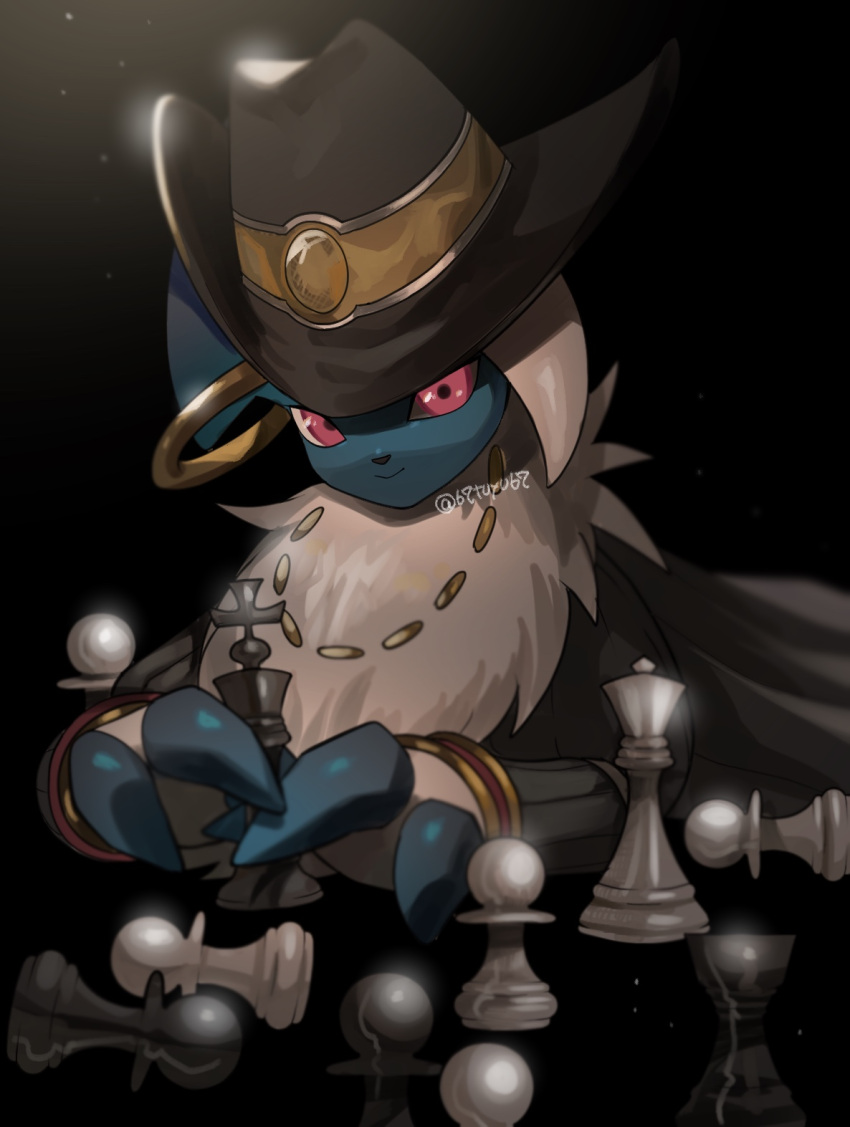 absol chess_piece claws closed_mouth commentary_request hat hatted_pokemon highres looking_at_viewer no_humans pink_eyes pokemon pokemon_(creature) pokemon_(game) pokemon_unite smile solo yukifuri_tsuyu