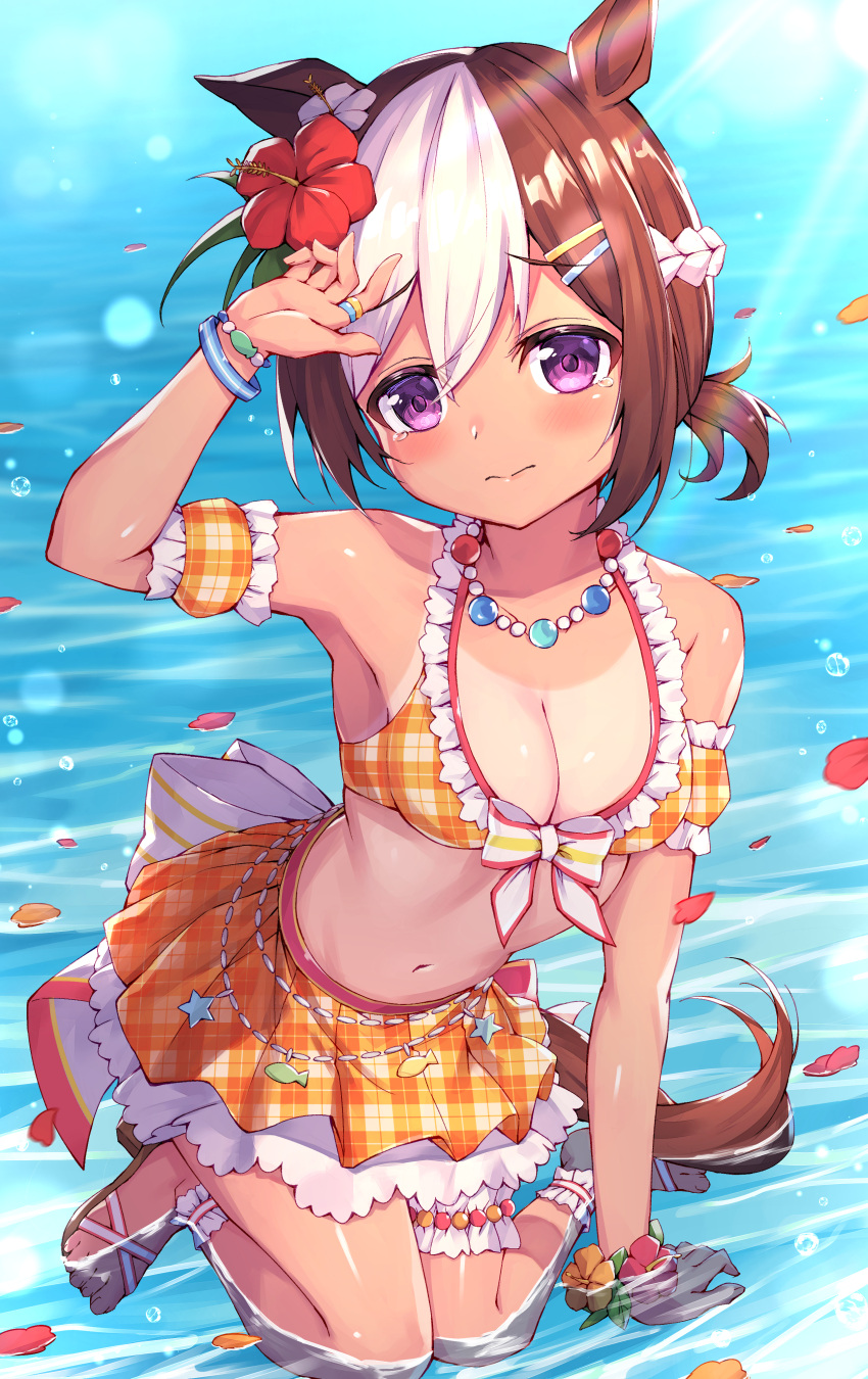 1girl absurdres animal_ears arm_support arm_up bangs bare_shoulders bikini blush braid breasts brown_footwear brown_hair cleavage commentary_request detached_sleeves eyebrows_visible_through_hair flower hair_between_eyes hair_flower hair_ornament hairclip highres horse_ears horse_girl horse_tail looking_at_viewer masaki_(msk064) medium_breasts multicolored_hair navel official_alternate_costume open_mouth orange_bikini orange_sleeves petals petals_on_liquid plaid plaid_bikini plaid_sleeves puffy_short_sleeves puffy_sleeves purple_eyes red_flower sandals shallow_water short_sleeves smile solo special_week_(umamusume) swimsuit tail two-tone_hair umamusume unmoving_pattern water white_hair