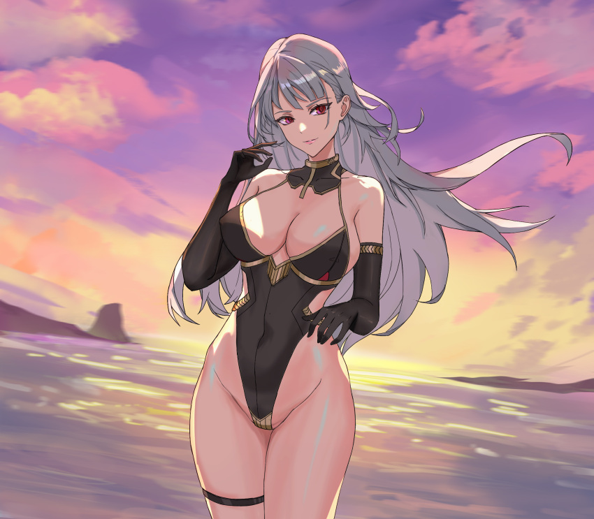 1girl aoao-max bangs bare_shoulders black_swimsuit blunt_bangs breasts cleavage cloud detached_collar elbow_gloves gloves highleg highleg_swimsuit highres large_breasts long_hair outdoors pink_lips red_eyes selvaria_bles senjou_no_valkyria_(series) senjou_no_valkyria_1 silver_hair smile standing sunset swimsuit thighlet water