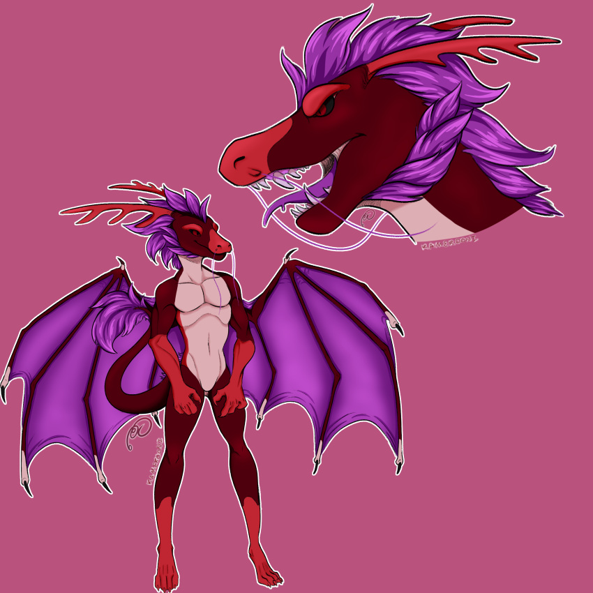absurd_res anthro claws digital_media_(artwork) dragon feet hair hi_res horn male nude open_mouth purple_hair ramerooni red_body red_eyes simple_background smile solo tail teeth toe_claws toes tongue wings