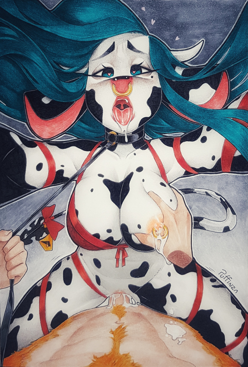 &lt;3 &lt;3_eyes absurd_res ahegao animal_print anthro bodily_fluids breast_grab breasts collar cow_print cowbell cowgirl_position cum cum_inside disembodied_hand duo facial_piercing female female_on_top first_person_view from_front_position genital_fluids hand_on_breast hi_res horn lactating leash looking_pleasured male male/female nipple_piercing nipples nose_piercing on_bottom on_top piercing puffinza sex submissive submissive_male