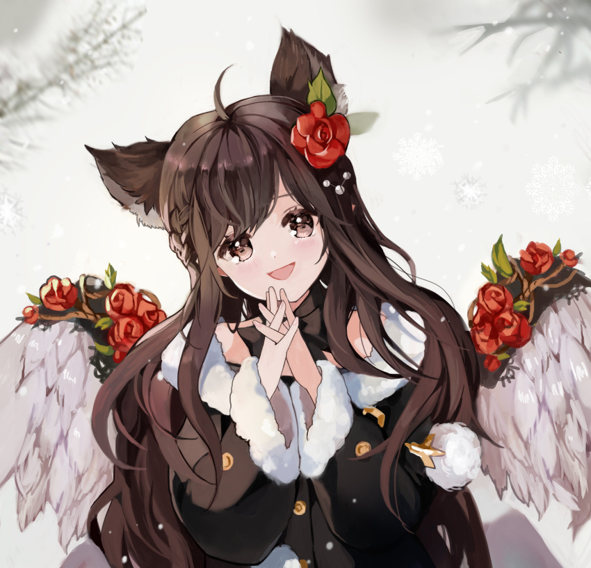 1girl absurdres ahoge angel angel_wings animal_ears blue_eyes blush braid brown_eyes commission dress extra_ears feathered_wings flower hair_flower hair_ornament highres interlocked_fingers long_hair long_sleeves looking_at_viewer mabinogi open_mouth smile solo sora_zz6 white_wings wings