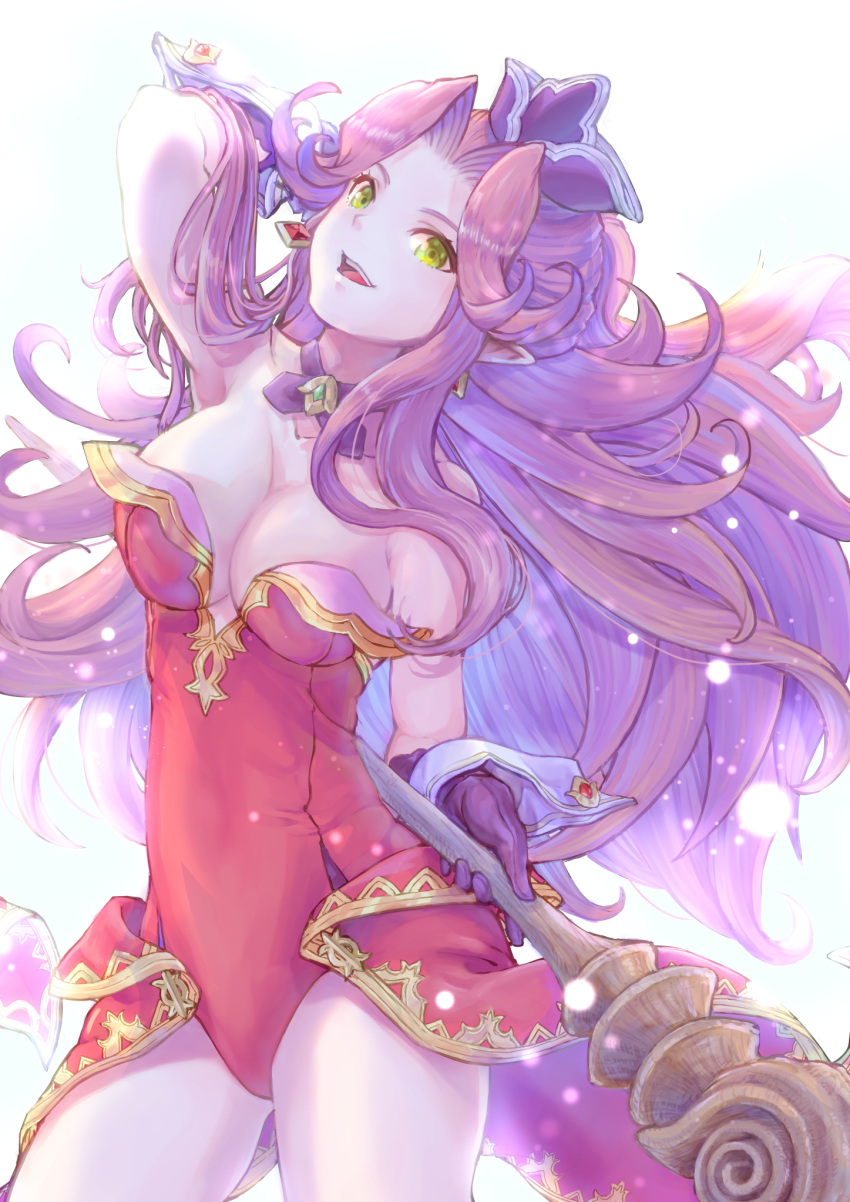 1girl :d angela_(seiken_densetsu_3) arm_up backlighting breasts cleavage floating_hair gloves green_eyes hair_intakes hat hatiware12 highres holding holding_staff leotard long_hair medium_breasts mini_hat pointy_ears purple_gloves purple_hair purple_headwear red_leotard seiken_densetsu seiken_densetsu_3 shiny shiny_hair simple_background smile solo staff standing strapless strapless_leotard very_long_hair waist_cape white_background