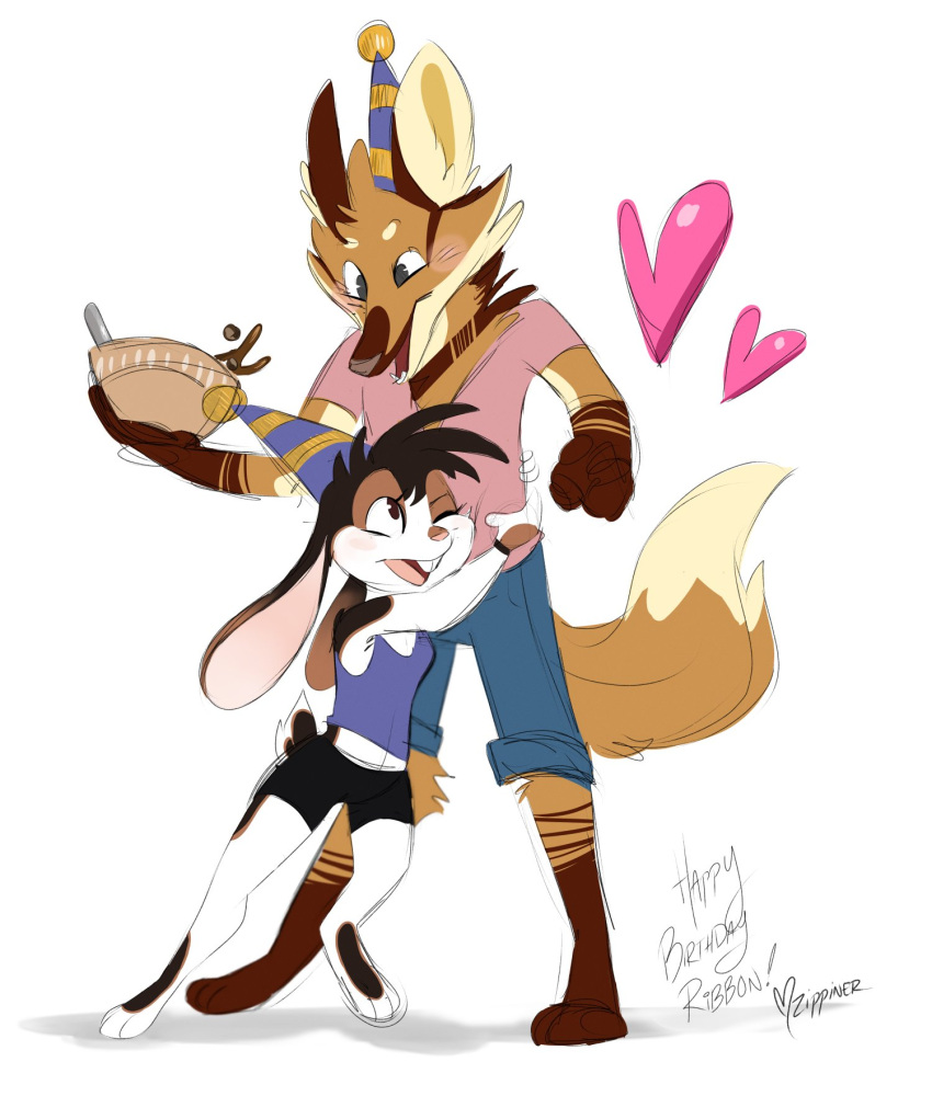 &lt;3 2022 anthro bottomwear brown_body brown_fur canid clothing duo embrace female fur hi_res hug lagomorph leporid male mammal midriff one_eye_closed open_mouth open_smile rabbit shirt shorts signature simple_background smile smores_(ribbontini) tank_top topwear vulpesvant_(character) white_background white_body white_fur zippiner