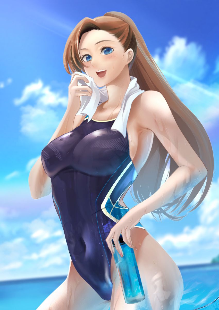 1girl absurdres aqua_eyes bangs blue_sky blurry blurry_background bottle breasts brown_hair cloud commentary_request competition_swimsuit covered_navel cowboy_shot day hair_ribbon highres horizon katarina_claes lavenderpa long_hair medium_breasts ocean one-piece_swimsuit otome_game_no_hametsu_flag_shika_nai_akuyaku_reijou_ni_tensei_shite_shimatta outdoors ribbon sky smile solo swept_bangs swimsuit towel towel_around_neck upper_body water_bottle
