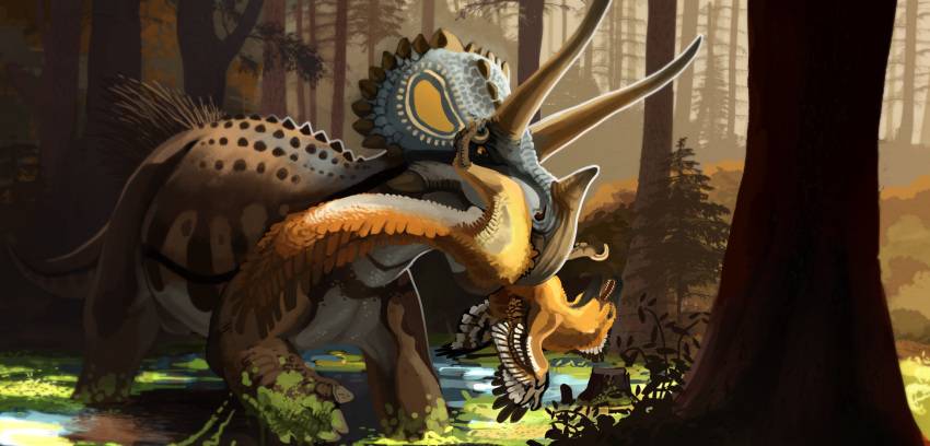 bite ceratopsian dakotaraptor dinosaur dromaeosaurid fight hi_res hyenphea ornithischian reptile scalie struggling stygimoloch_(artist) swamp theropod triceratops trike