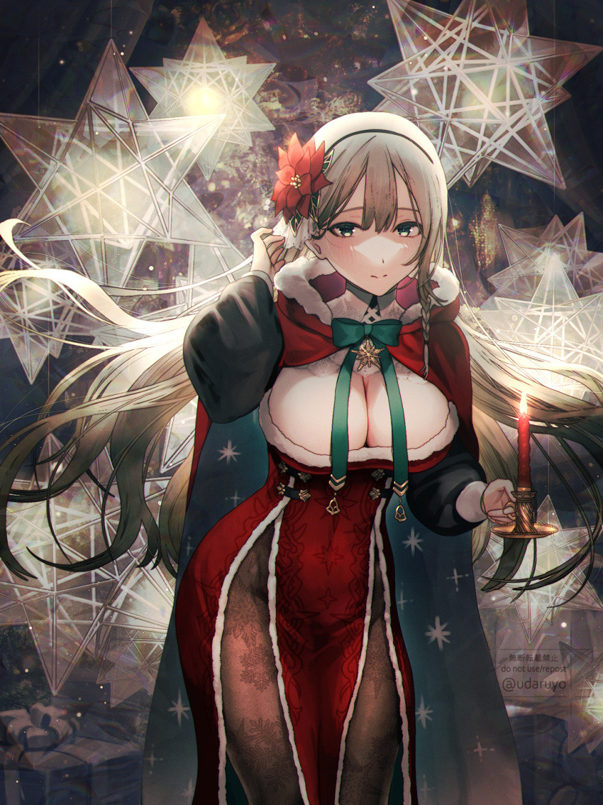1girl bangs breasts candle christmas cleavage cleavage_cutout closed_mouth clothing_cutout commentary cowboy_shot flower fur_trim green_ribbon hair_between_eyes hair_flower hair_ornament hand_in_hair highres holding holding_candle huge_breasts light_blush light_brown_hair long_hair looking_at_viewer neck_ribbon original ribbon santa_costume snowflakes solo standing twitter_username udaruyo