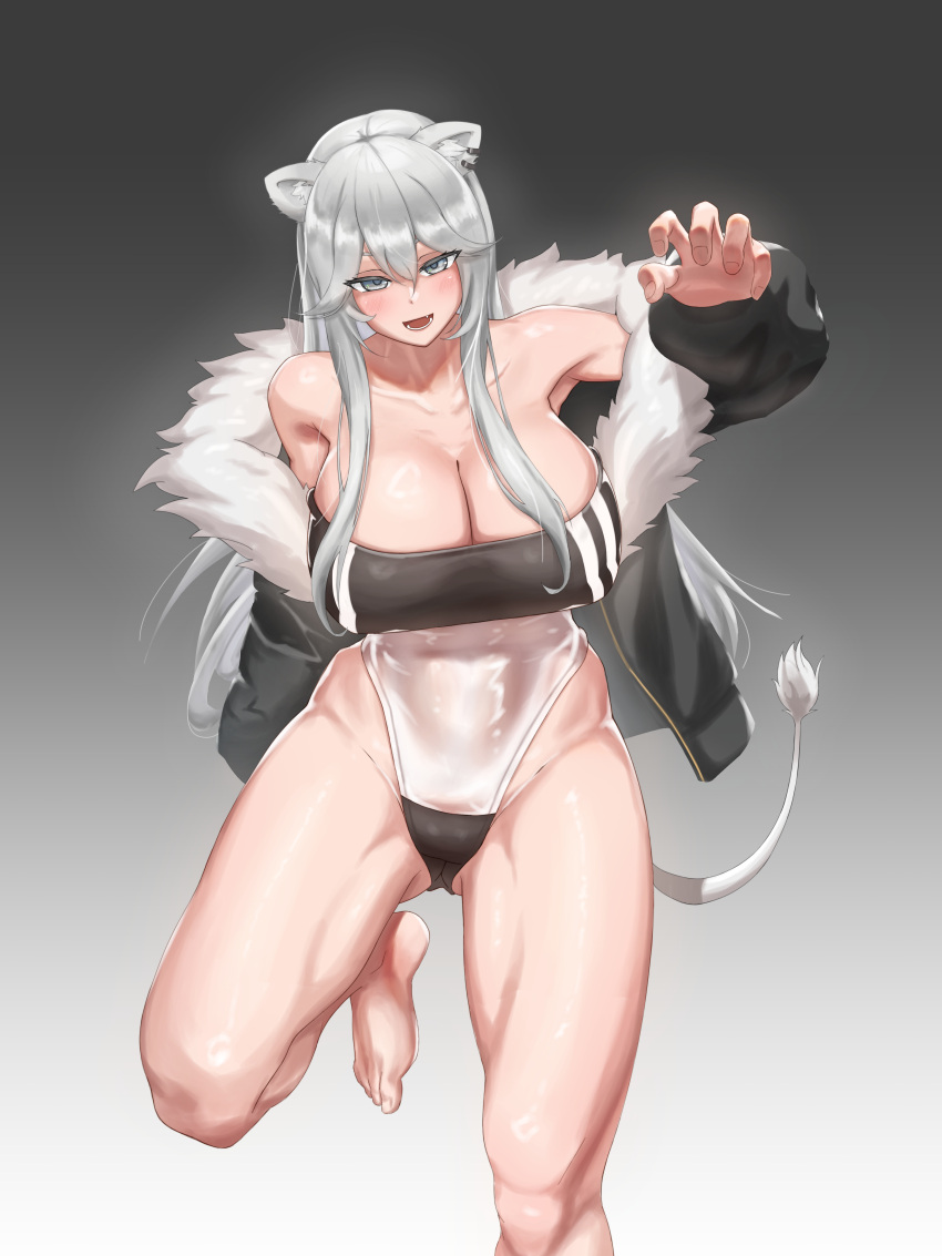 1girl absurdres animal_ears bangs bare_shoulders black_jacket blush breasts claw_pose cleavage ear_piercing fang fur-trimmed_jacket fur_trim gradient gradient_background grey_eyes grey_hair gris_swimsuit hair_between_eyes hand_up head_tilt highleg highleg_swimsuit highres hololive huge_breasts jacket lion_ears lion_girl lion_tail long_hair looking_at_viewer meme_attire off_shoulder one-piece_swimsuit open_mouth piercing princetitor see-through_swimsuit shiny shiny_skin shishiro_botan sidelocks smile solo standing standing_on_one_leg swimsuit tail very_long_hair virtual_youtuber