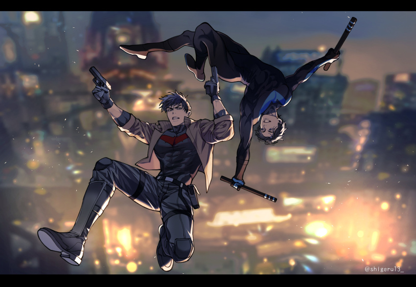 2boys absurdres batman_(series) belt black_bodysuit black_gloves black_hair black_pants black_shirt blue_bodysuit blurry blurry_background bodysuit boots brothers chengzhineixihuanxiaogou clenched_teeth dc_comics dick_grayson falling gloves gun highres holding holding_gun holding_weapon jacket jason_todd looking_at_another male_focus multicolored_hair multiple_boys nightwing open_clothes open_jacket outdoors pants red_hood_(dc) shirt short_hair siblings smile superhero teeth two-tone_bodysuit two-tone_hair weapon white_hair