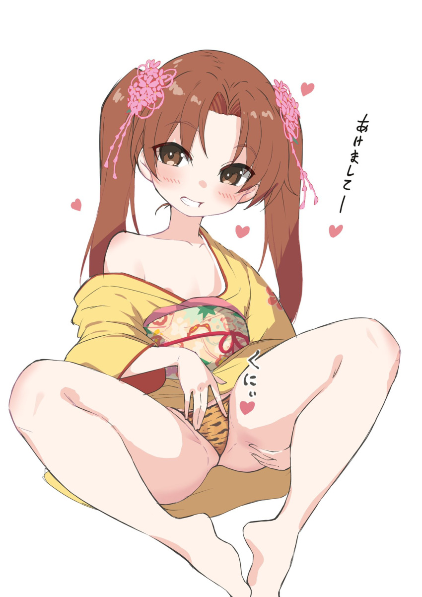 1girl akeome animal_print areola_slip areolae bangs barefoot blush brown_eyes brown_hair clothes_lift commentary eyebrows_visible_through_hair flat_chest floral_background girls_und_panzer grin hair_ornament hand_on_own_crotch happy_new_year heart highres japanese_clothes kadotani_anzu kimono kimono_lift lifted_by_self long_hair looking_at_another new_year obi off_shoulder orange_panties panties parted_bangs print_kimono print_panties sash simple_background sitting smile solo spread_legs tiger_print translated twintails underwear white_background yabai_gorilla yellow_kimono