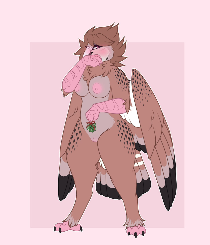 alienpoosy anthro areola avian bird bird_feet blush brown_body brown_fur christmas columbid feathers feet female fur genitals hi_res holidays marsa mistletoe nipples nude pigeon plant pussy seasonal solo spots standing tail_feathers thick_thighs wide_hips wings
