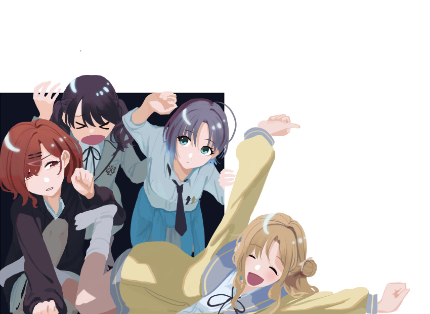 &gt;o&lt; 4girls ^_^ ^o^ absurdres ahoge asakura_tooru bangs black_hair black_necktie black_neckwear blazer blue_eyes blue_hair brown_hair cardigan closed_eyes clothes_around_waist commentary_request expressionless fukumaru_koito gradient_hair grey_jacket grey_skirt hair_bun hair_ornament hairclip highres higuchi_madoka ichikawa_hinana idolmaster idolmaster_shiny_colors jacket leaning_forward long_hair mole mole_under_eye multicolored_hair multiple_girls necktie noctchill_(idolmaster) open_mouth parted_bangs sailor_collar school_uniform short_hair side_bun simple_background skirt sumi_(tebukuro00) sweatshirt twintails white_background yellow_cardigan