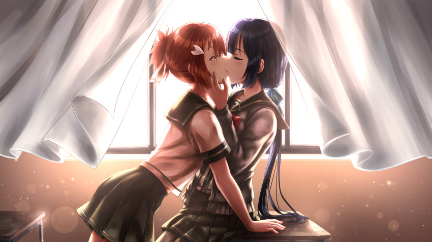 2girls absurdres blush brown_eyes brown_hair closed_eyes curtains desk highres indoors itaro kiss lens_flare long_hair looking_at_another low_ponytail multiple_girls open_window purple_hair sanshuu_middle_school_uniform school_uniform serafuku skirt tougou_mimori window yuri yuuki_yuuna yuuki_yuuna_wa_yuusha_de_aru yuuki_yuuna_wa_yuusha_de_aru:_hanayui_no_kirameki yuusha_de_aru