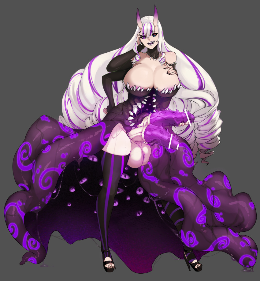 1girl absurdres areola_slip areolae bar_censor black_dress black_legwear black_nails black_sclera blue_eyes breasts censored cleavage colored_nipples colored_sclera commission dress drill_hair extra_arms extra_penises extra_pupils eyebrows_visible_through_hair fang full_body futanari hand_on_own_chest hand_on_own_penis highres horns horse_penis large_breasts looking_at_viewer monster_girl multicolored_hair oni_horns open_mouth original penis purple_eyes purple_hair purple_nipples red_eyes smile solo spiked_penis streaked_hair tall_female teeth tentacles thighhighs todding white_hair