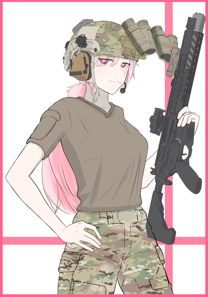 1girl absurdres bangs breasts brown_shirt camouflage camouflage_headwear camouflage_pants closed_mouth commentary_request ear_protection eyes_visible_through_hair girls'_frontline gun hair_over_one_eye hand_on_hip headset helmet highres holding holding_gun holding_weapon lauging_man_(shun_a_t_i_o) long_hair looking_at_viewer pants pink_hair red_eyes shirt short_sleeves sig_mcx_(girls'_frontline) sig_sauer_mcx small_breasts solo very_long_hair weapon