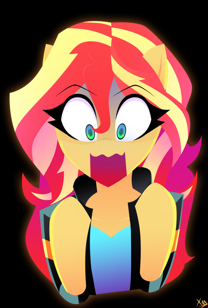 absurd_res black_background blonde_hair blue_eyes clothing equestria_girls equid equine female fur hair hi_res horse jacket leather leather_clothing leather_jacket leather_topwear mammal multicolored_body multicolored_fur my_little_pony pony red_hair shocked simple_background sunset_shimmer_(eg) topwear two_tone_body two_tone_fur xan-gelx