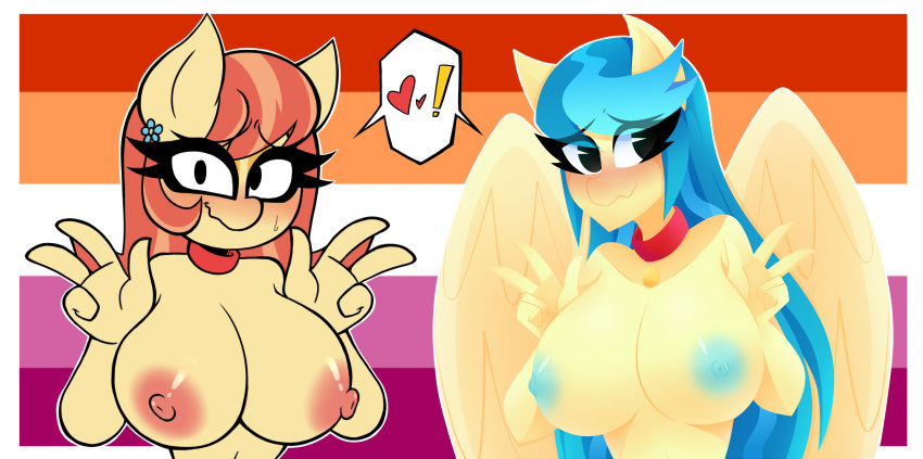 ! &lt;3 anthro anthrofied areola aunt_holiday_(mlp) auntie_lofty_(mlp) big_breasts blue_areola blue_hair blue_nipples blush bodily_fluids breasts collar collar_tag double_v_sign edit embarrassed equid equine female flag_background friendship_is_magic gesture hair hasbro hi_res horse lesbian_pride_colors lgbt_pride mammal my_little_pony nelljoestar nipples pac_man_eyes pegasus pony pride_colors red_collar simple_background solo sweat sweatdrop v_sign wings xan-gelx