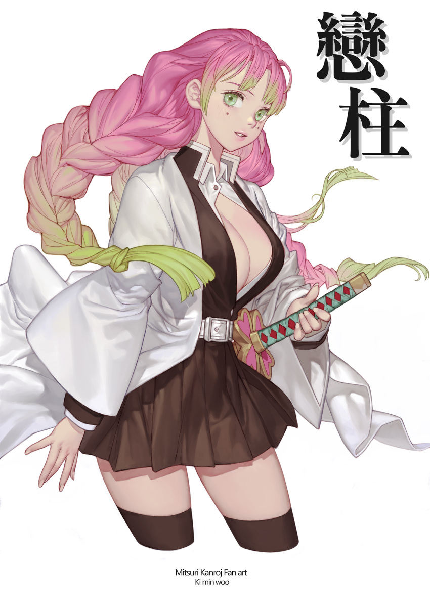 artist_name bangs belt black_jacket black_legwear black_skirt breasts character_name cleavage collared_jacket collared_shirt cowboy_shot gradient_hair green_eyes green_hair haori highres holding holding_sword holding_weapon jacket japanese_clothes kanroji_mitsuri katana ki_min-woo kimetsu_no_yaiba large_breasts long_hair looking_at_viewer mole mole_under_eye multicolored_hair open_clothes open_jacket open_shirt parted_lips partially_unbuttoned pink_hair pleated_skirt shirt skirt sword thighhighs tri_braids two-tone_hair weapon white_background white_belt white_shirt