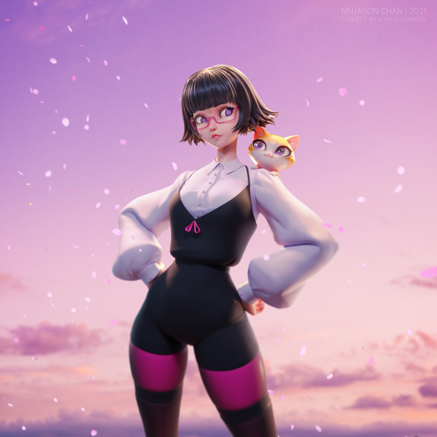1girl 1other animal_on_shoulder black_hair black_shorts blouse bright_pupils cat cat_on_shoulder cherry_blossoms cloud cloudy_sky cowboy_shot glasses hands_on_hips highres leaning_to_the_side leggings lisa_(ilya_kuvshinov) long_sleeves looking_at_another medium_hair ninjason_chan orange_cat pink_eyes puffy_sleeves shorts skin_tight sky standing sunset white_blouse white_pupils