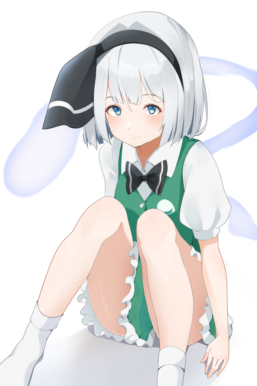 1girl 258n absurdres black_hairband bow bowtie hairband highres konpaku_youmu on_floor shiny shiny_skin sitting smile thighs touhou white_hair white_legwear