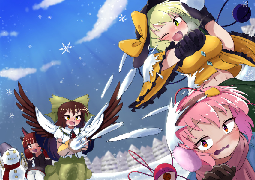 absurdres animal_ears arm_cannon artist_name bird_wings black_bow black_wings blush bone bow braid brown_hair bucket cape cat_ears cloud fang feathered_wings gloves green_bow green_eyes green_hair green_skirt hat highres kaenbyou_rin komeiji_koishi komeiji_satori long_hair medium_hair midriff mittens navel open_mouth orange_eyes pine_tree pink_hair polyhedron2 puffy_short_sleeves puffy_sleeves red_eyes red_hair reiuji_utsuho scarf screaming short_hair short_sleeves skirt sky slit_pupils snowball snowball_fight snowflakes snowman steam_from_mouth subterranean_animism third_eye touhou tree twin_braids weapon wings yellow_bow