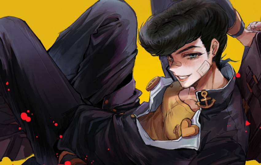 1boy anchor_symbol bandaid bandaid_on_cheek bandaid_on_nose black_hair blood blood_splatter blue_eyes brooch diamond_wa_kudakenai earrings gakuran heart higashikata_josuke highres jewelry jojo_no_kimyou_na_bouken knees_up korean_commentary long_sleeves looking_at_viewer lying male_focus muscular muscular_male on_back peace_symbol pompadour school_uniform shirt simple_background smile solo yellow_background yellow_shirt yongsa_(sword_master)