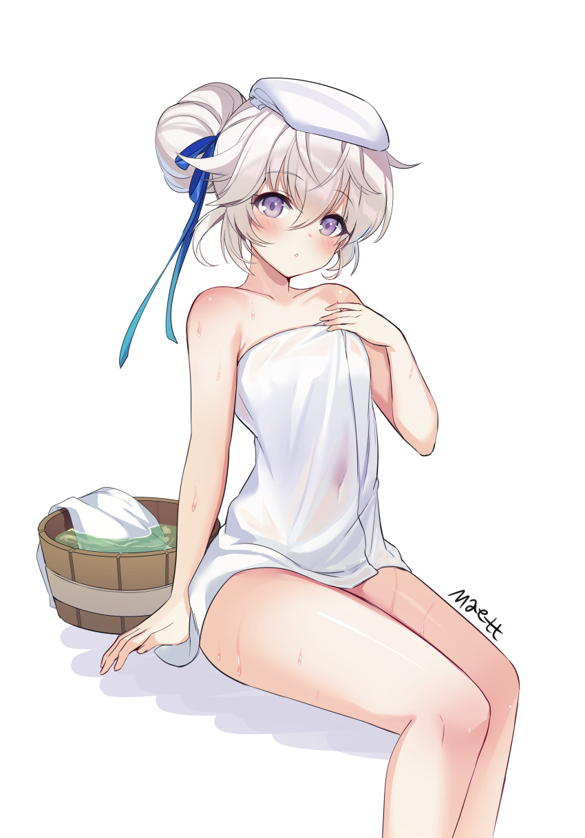 1girl absurdres arius_esquede bare_shoulders bucket counter:side covered_navel highres looking_at_viewer maett naked_towel purple_eyes see-through simple_background sitting solo tied_hair towel towel_on_head wet white_background white_hair wooden_bucket