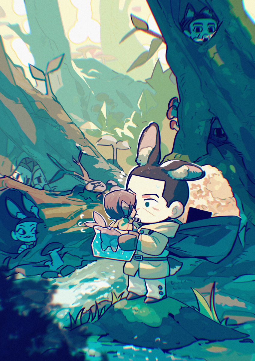 absurdres animal_ears black_hair blurry bowl brown_hair chibi depth_of_field fish_tail forest golden_kamuy green_eyes highres imperial_japanese_army kemonomimi_mode koito_otonoshin monster_boy mushroom nature pickieeeee rabbit_ears sweatdrop tail tsukishima_hajime tsurumi_tokushirou usami_tokishige water