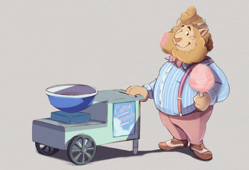 anthro baddie_holly bovid candy caprine chubby_male clothing cotton_candy cotton_candy_machine dessert food hi_res machine male mammal oliver_baaple sheep solo uniform