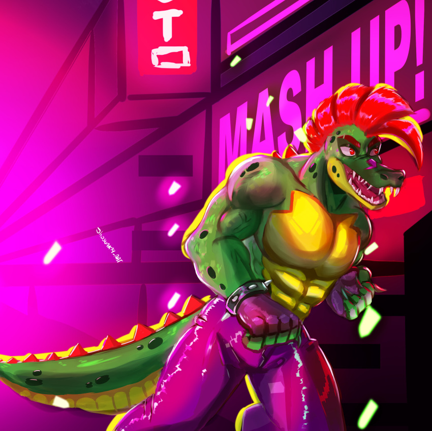 abs alligator alligatorid anthro bottomwear clothing crocodilian fingerless_gloves fist five_nights_at_freddy's five_nights_at_freddy's:_security_breach gloves green_body green_skin hair handwear hi_res jhosuak19_art male mohawk montgomery_gator_(fnaf) muscular muscular_anthro muscular_male pants pecs red_hair reptile scalie scottgames security_breach:_fury's_rage sharp_teeth shirtless shirtless_anthro shirtless_male solo teeth video_games